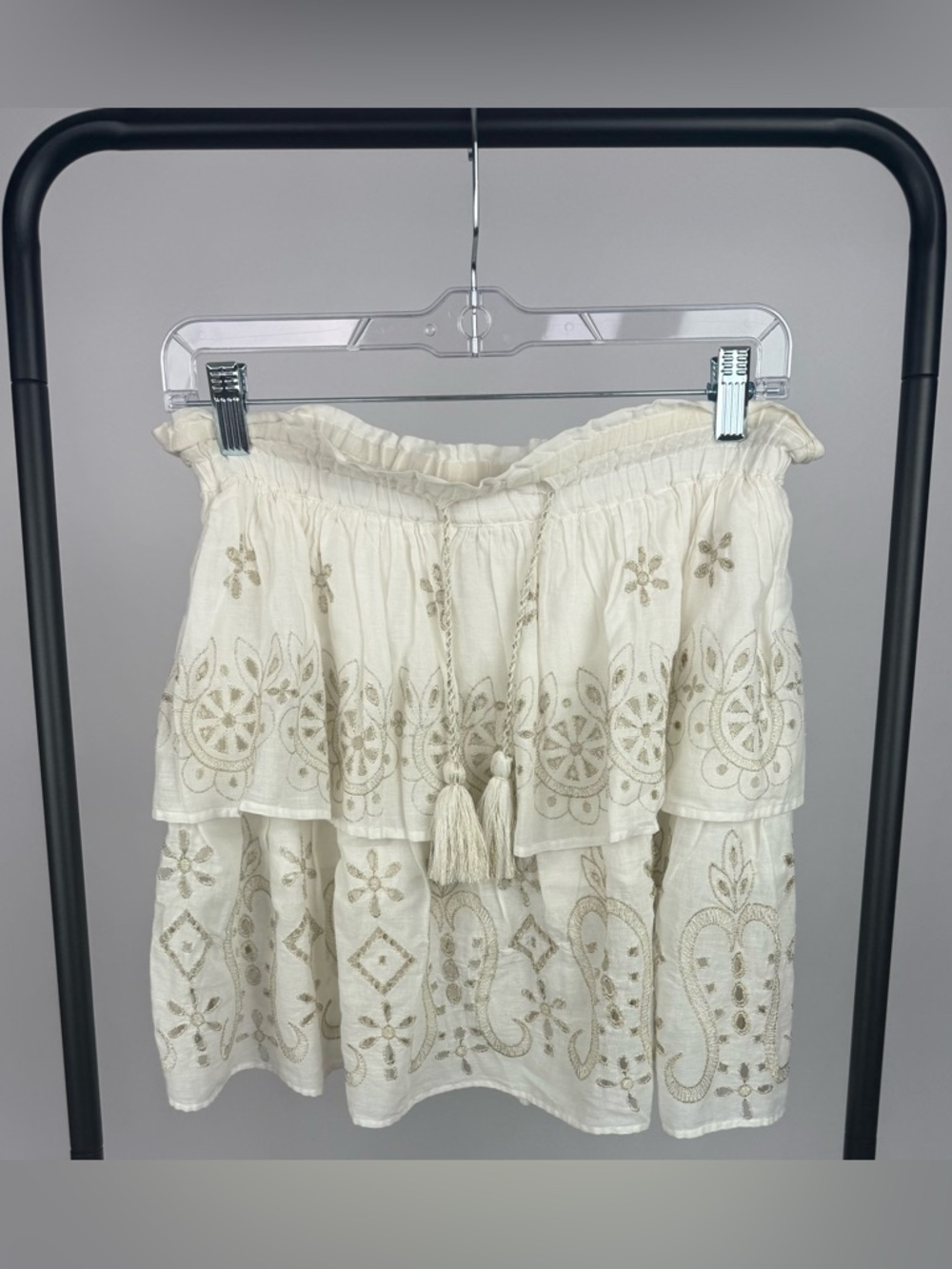 Pranella Belle Skirt White Gold Embroidered Tassel Mini S/M Boho Festival NWT - Picture 3 of 5